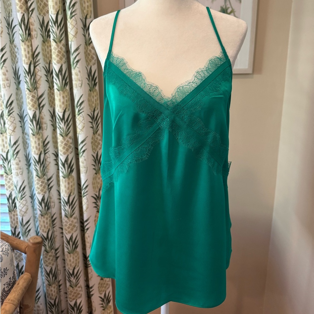 TED BAKER Lace Trim Cami Green Silky Adjustable Spaghetti Straps Size Medium